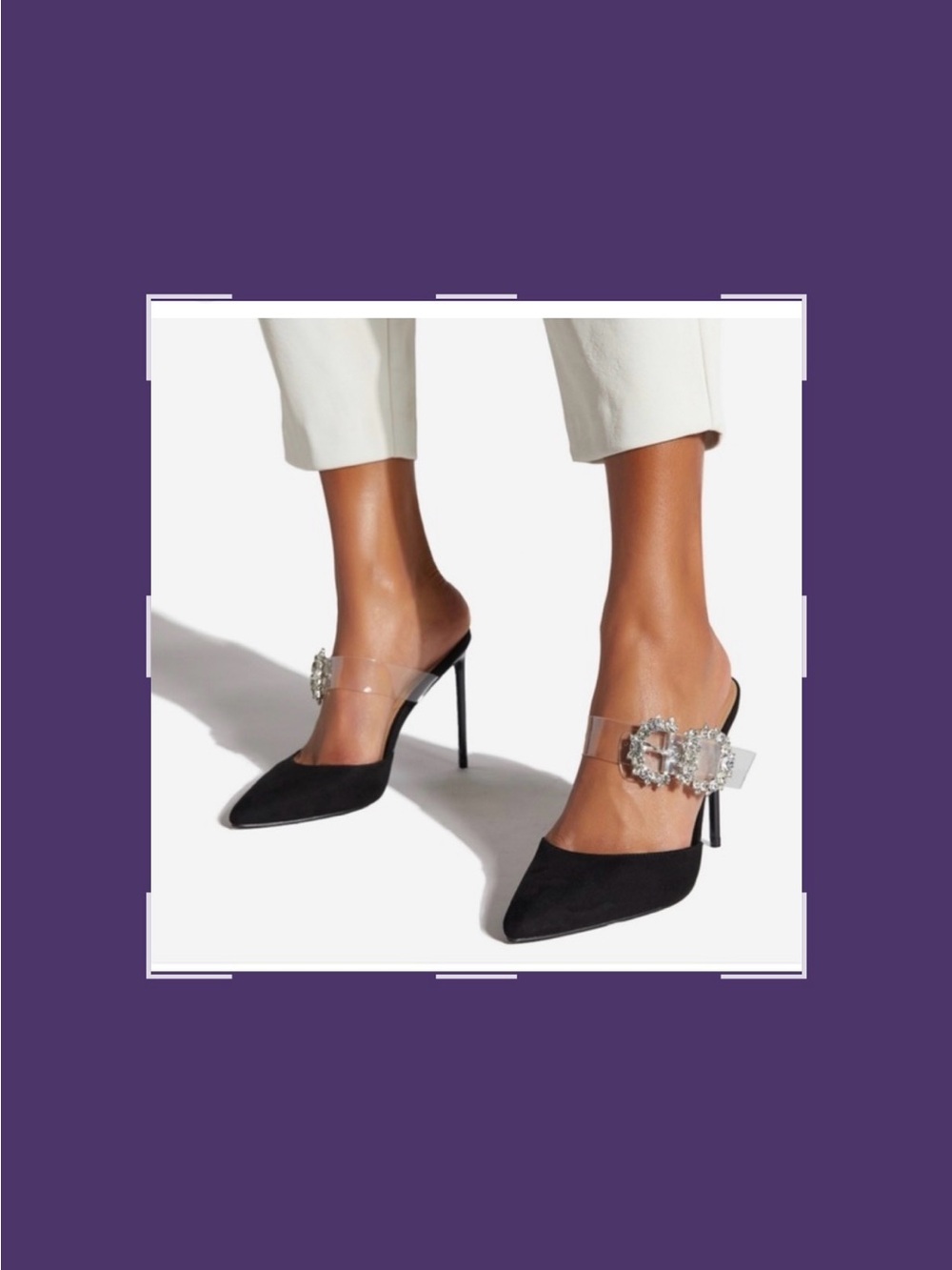 Black Pointed Toe Crystal-Embellished Mule Heels